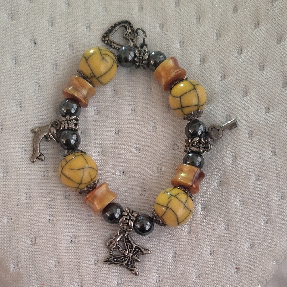 Yellow and Silver Beaded Bracelet